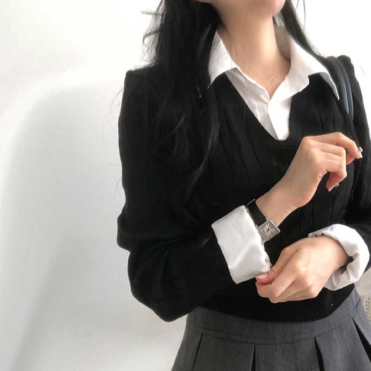レイヤードケーブルシャツVネックニット BLACK