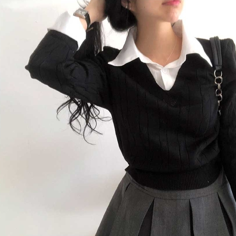 レイヤードケーブルシャツVネックニット BLACK