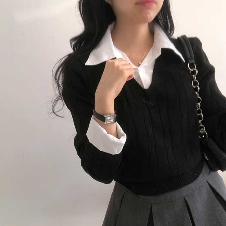 レイヤードケーブルシャツVネックニット BLACK