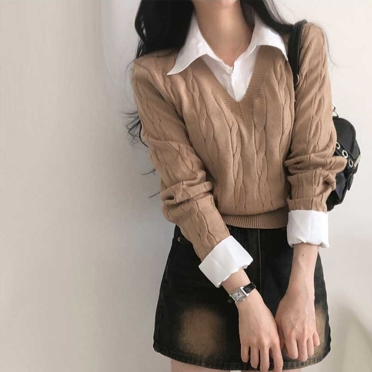 レイヤードケーブルシャツVネックニット DEEP BEIGE