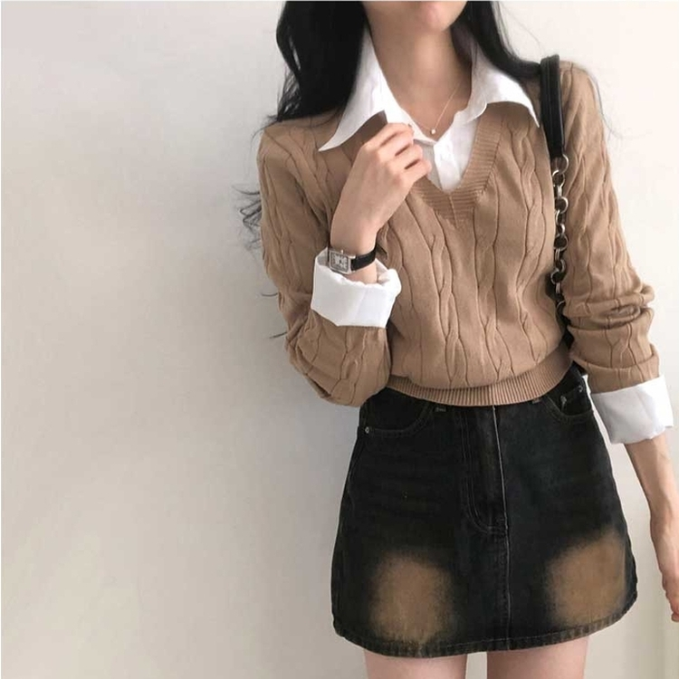 レイヤードケーブルシャツVネックニット DEEP BEIGE
