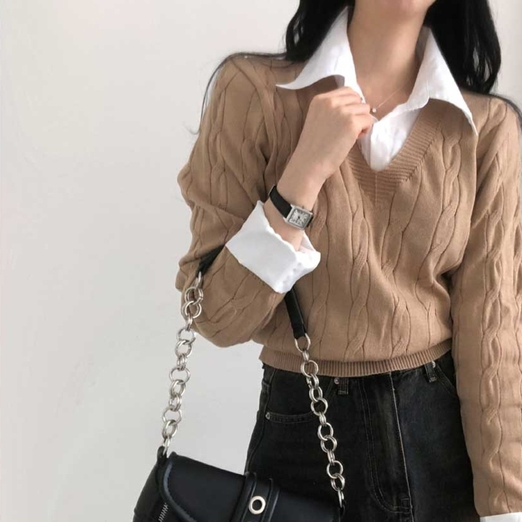 レイヤードケーブルシャツVネックニット DEEP BEIGE