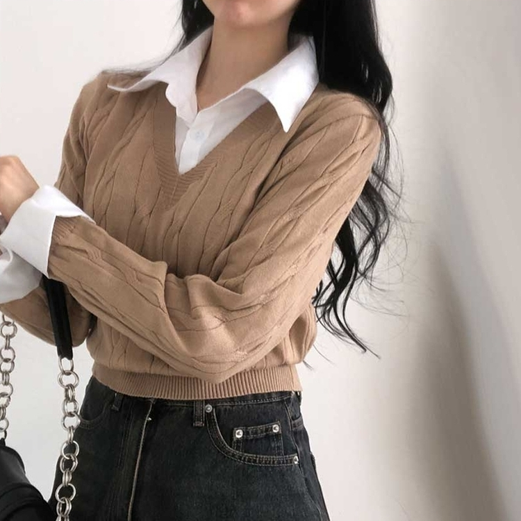 レイヤードケーブルシャツVネックニット DEEP BEIGE