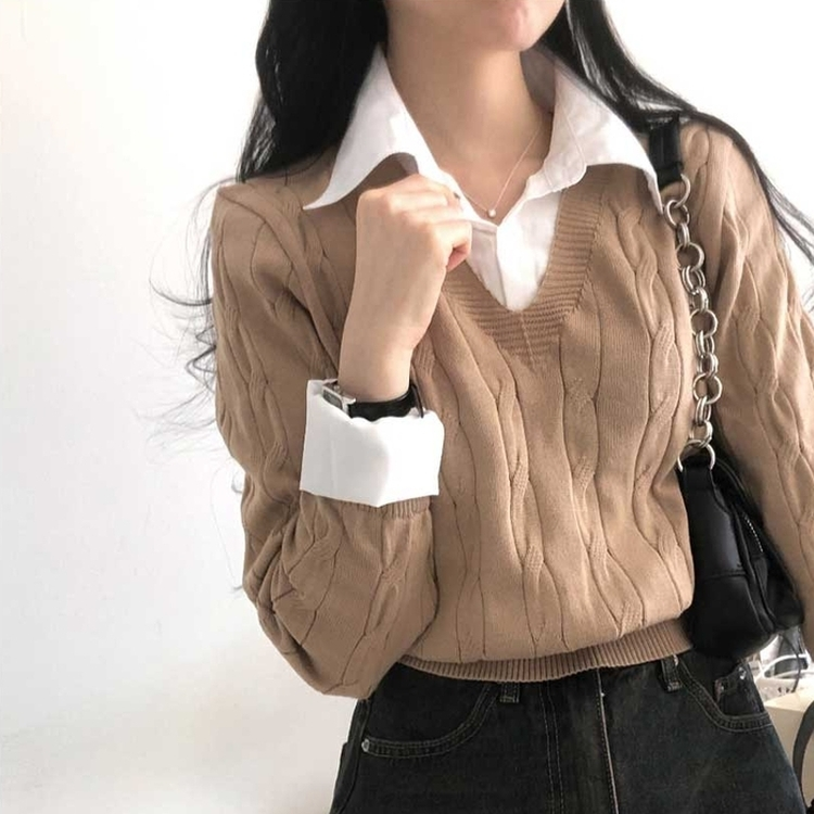 レイヤードケーブルシャツVネックニット DEEP BEIGE