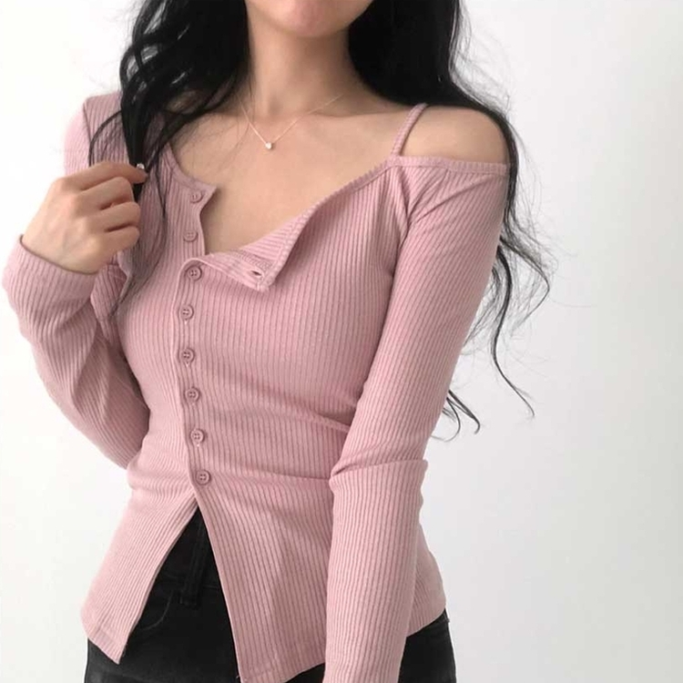 ワンオフショルダーボタンスリット長袖Ｔシャツ PINK
