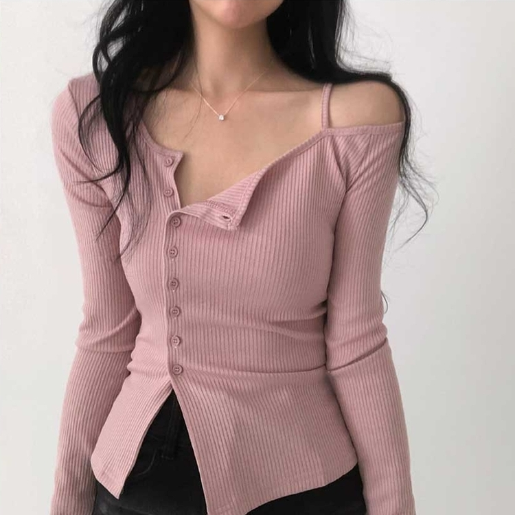 ワンオフショルダーボタンスリット長袖Ｔシャツ PINK