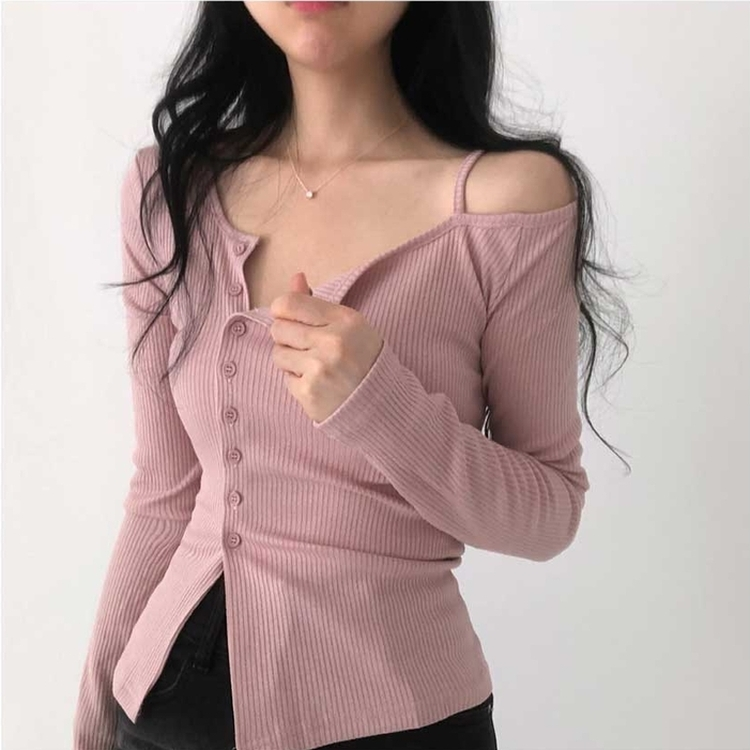 ワンオフショルダーボタンスリット長袖Ｔシャツ PINK