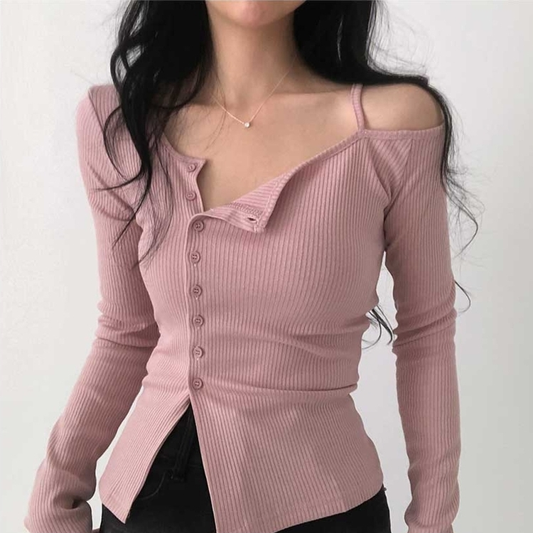 ワンオフショルダーボタンスリット長袖Ｔシャツ PINK