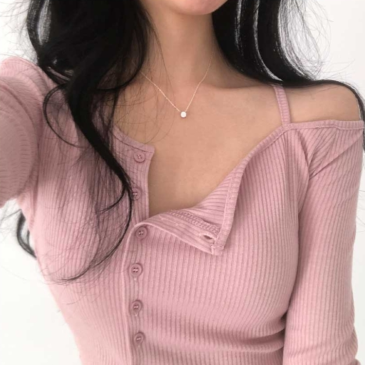 ワンオフショルダーボタンスリット長袖Ｔシャツ PINK