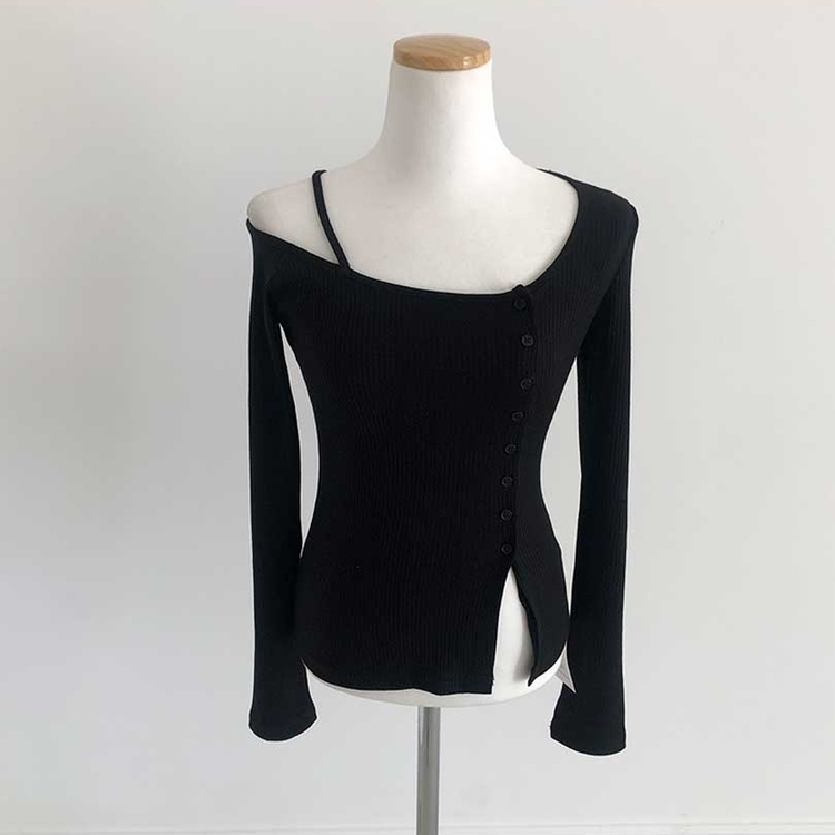ワンオフショルダーボタンスリット長袖Ｔシャツ