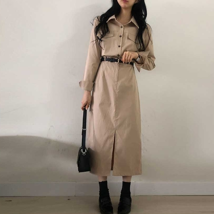 【ベルト付き】ポケットシャツロングワンピース BEIGE