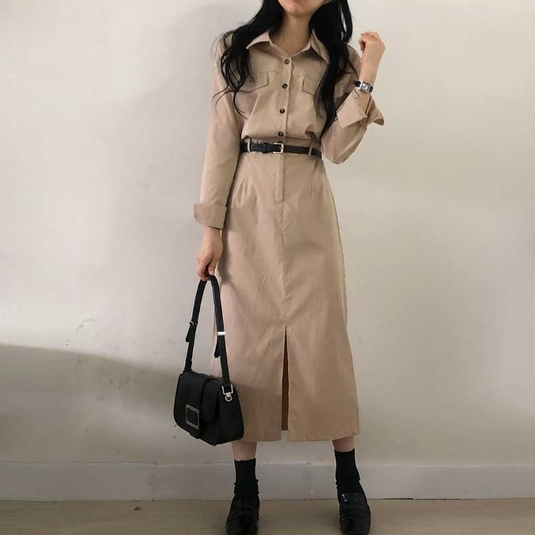 【ベルト付き】ポケットシャツロングワンピース BEIGE