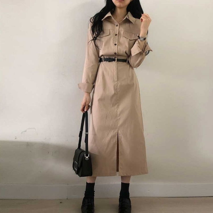 【ベルト付き】ポケットシャツロングワンピース BEIGE