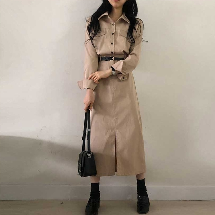 【ベルト付き】ポケットシャツロングワンピース BEIGE