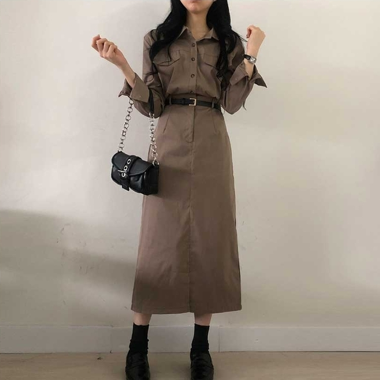 【ベルト付き】ポケットシャツロングワンピース BROWN