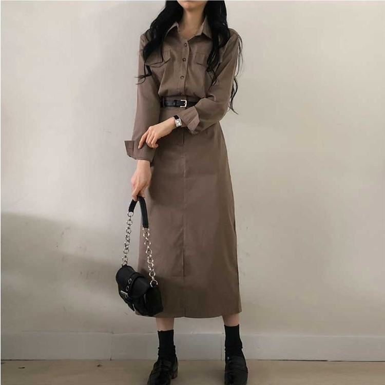 【ベルト付き】ポケットシャツロングワンピース BROWN