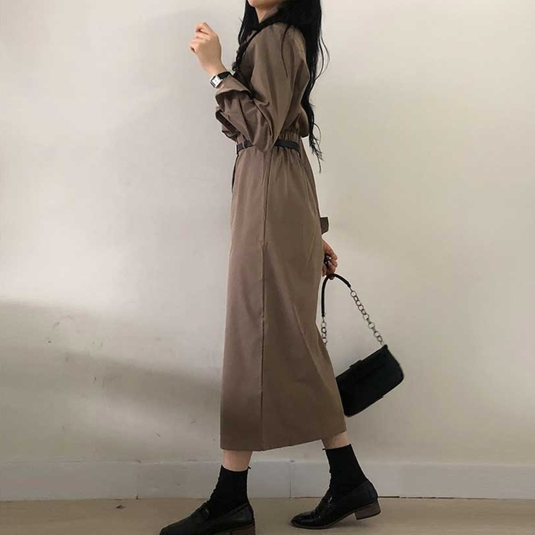 【ベルト付き】ポケットシャツロングワンピース BROWN