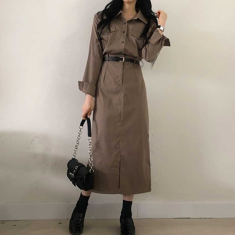 【ベルト付き】ポケットシャツロングワンピース BROWN