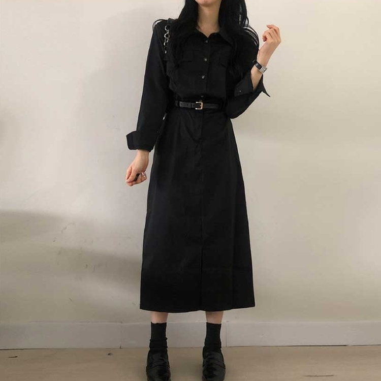 【ベルト付き】ポケットシャツロングワンピース BLACK