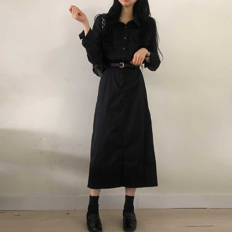 【ベルト付き】ポケットシャツロングワンピース BLACK