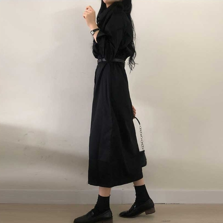 【ベルト付き】ポケットシャツロングワンピース BLACK