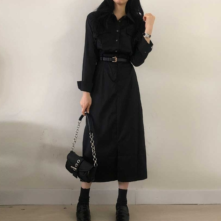 【ベルト付き】ポケットシャツロングワンピース BLACK