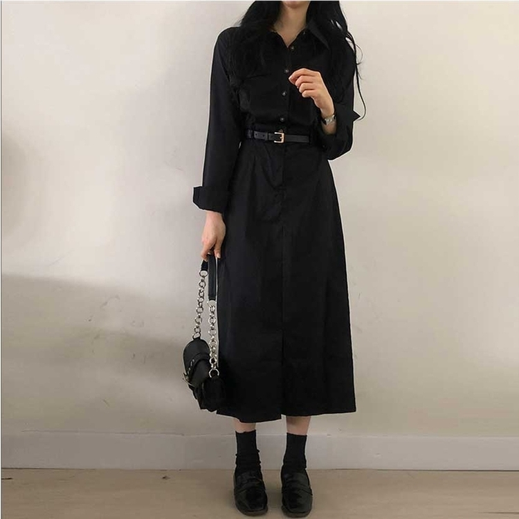 【ベルト付き】ポケットシャツロングワンピース BLACK