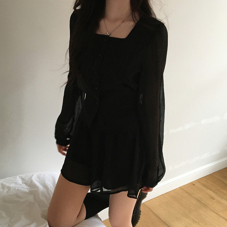 【SET】パフスクエアブラウス スカートパンツ BLACK