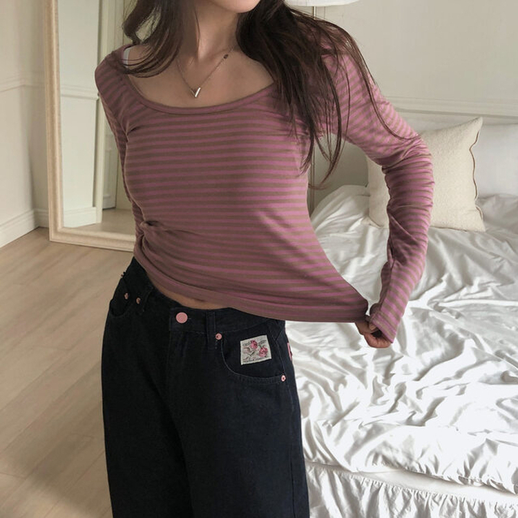 Uネックストライプ長袖Tシャツ PINK