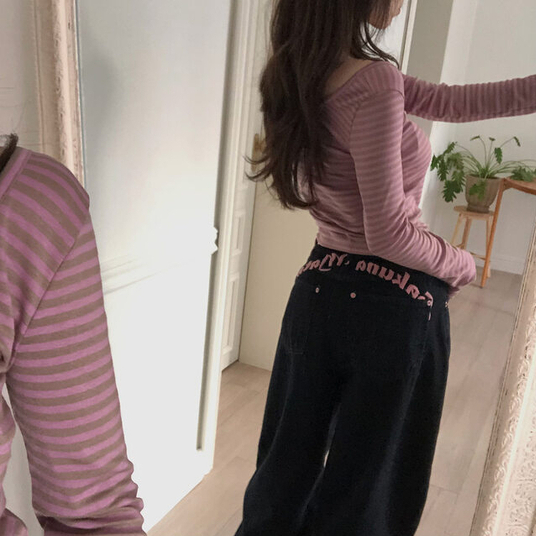 Uネックストライプ長袖Tシャツ PINK