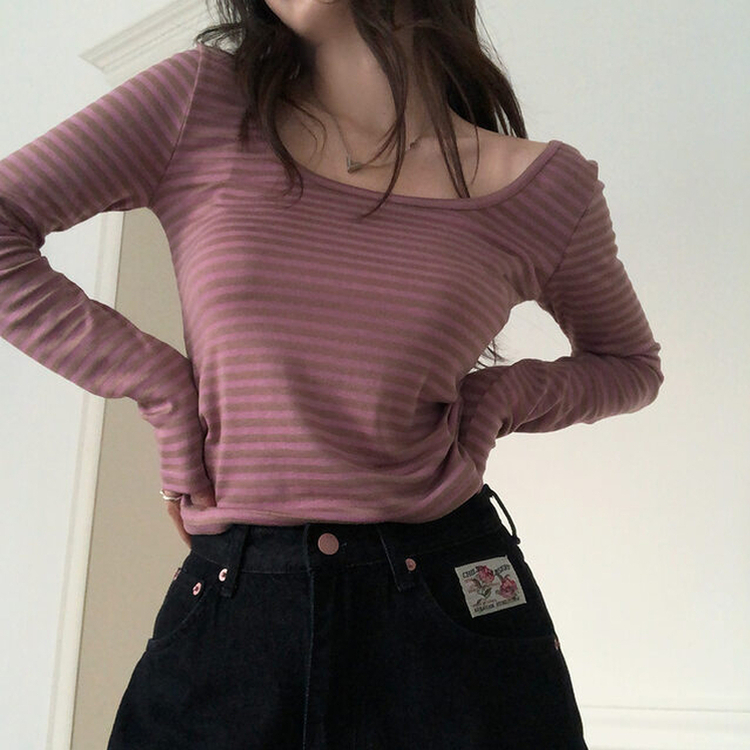Uネックストライプ長袖Tシャツ PINK
