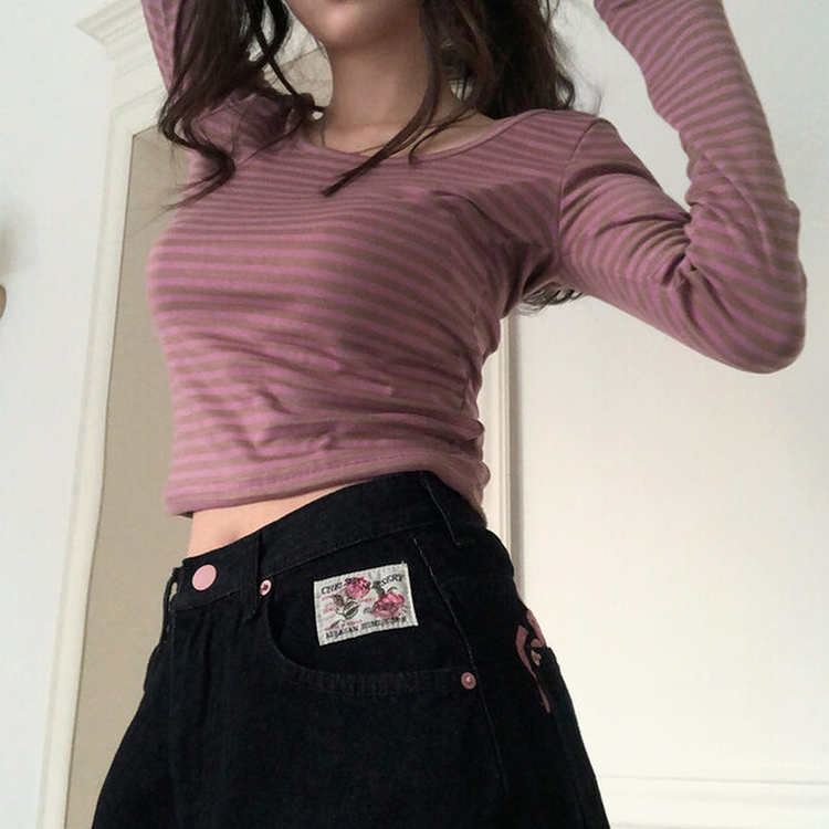 Uネックストライプ長袖Tシャツ PINK