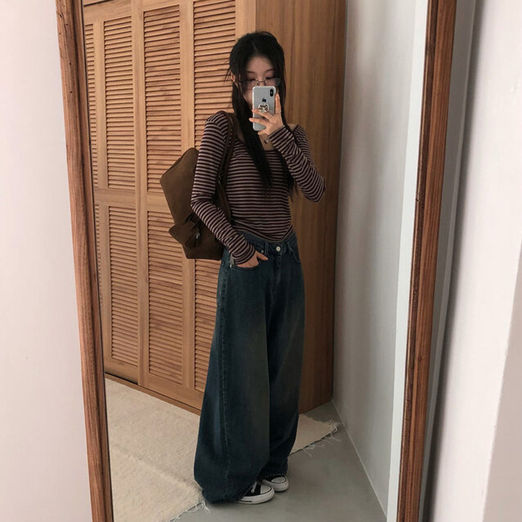 Uネックストライプ長袖Tシャツ BROWN