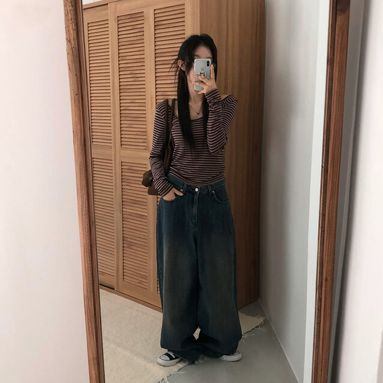 Uネックストライプ長袖Tシャツ BROWN
