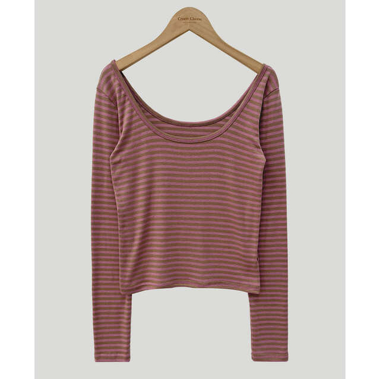 Uネックストライプ長袖Tシャツ
