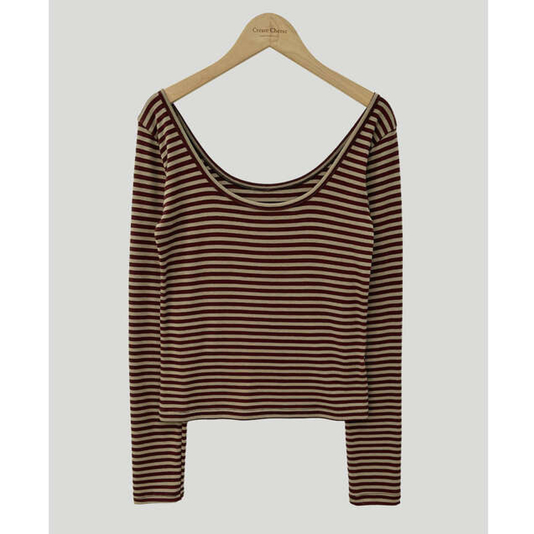 Uネックストライプ長袖Tシャツ