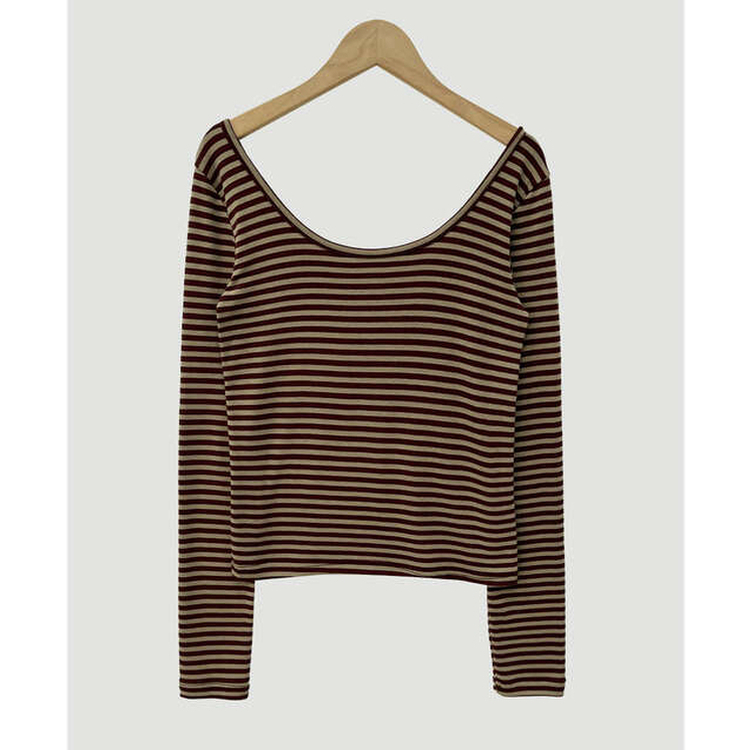 Uネックストライプ長袖Tシャツ