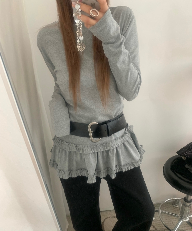 スリムレイヤードフリル長袖Tシャツ GREY