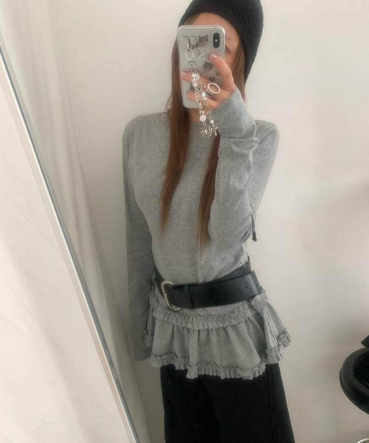 スリムレイヤードフリル長袖Tシャツ GREY