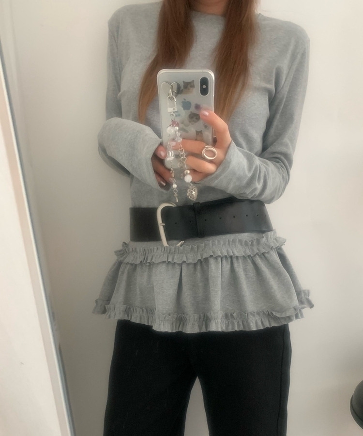スリムレイヤードフリル長袖Tシャツ GREY