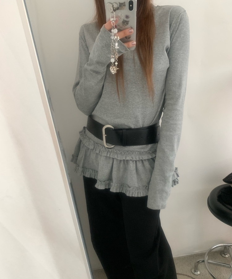 スリムレイヤードフリル長袖Tシャツ GREY