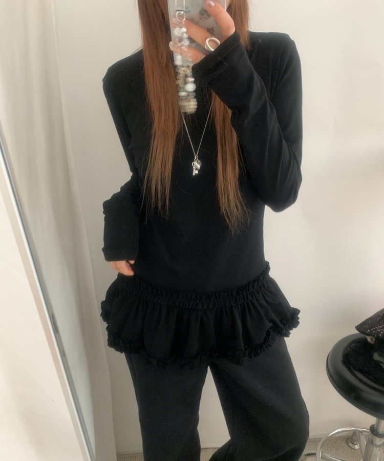 スリムレイヤードフリル長袖Tシャツ BLACK