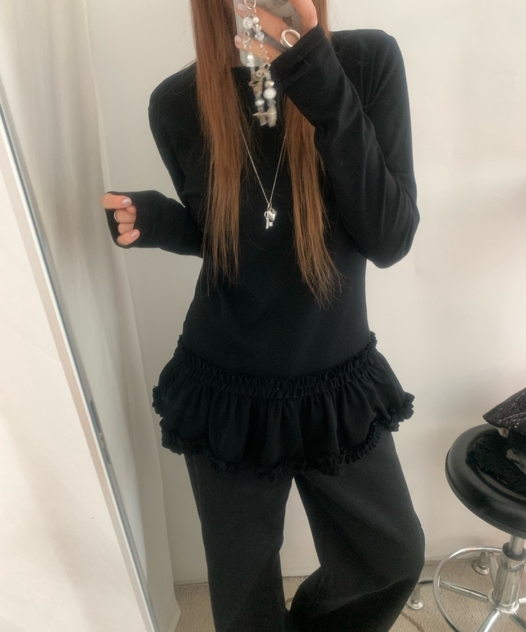 スリムレイヤードフリル長袖Tシャツ BLACK