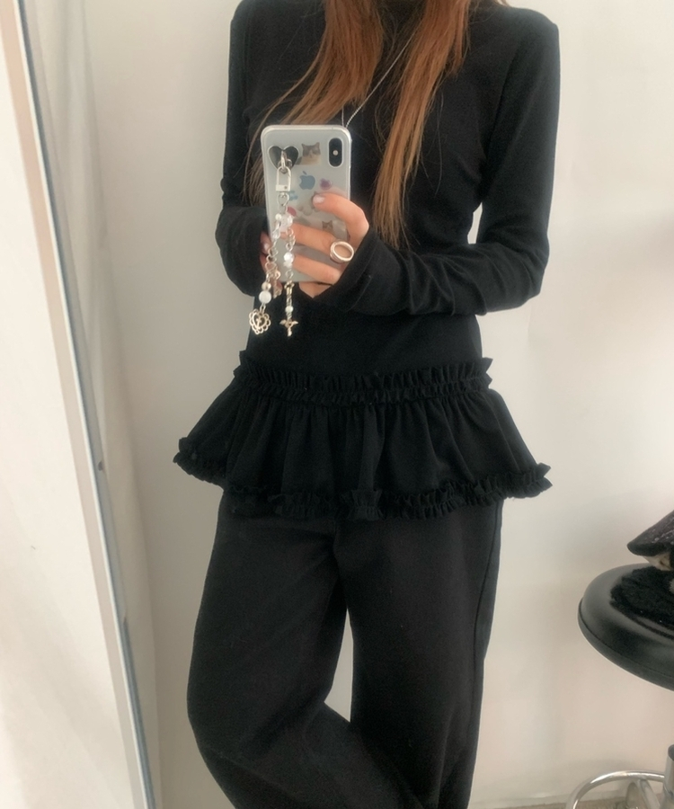 スリムレイヤードフリル長袖Tシャツ BLACK