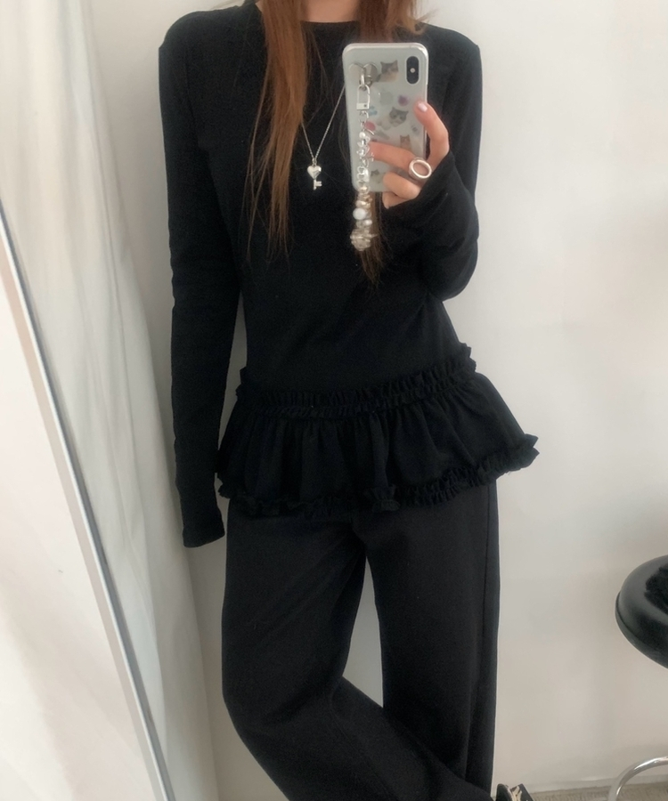 スリムレイヤードフリル長袖Tシャツ BLACK