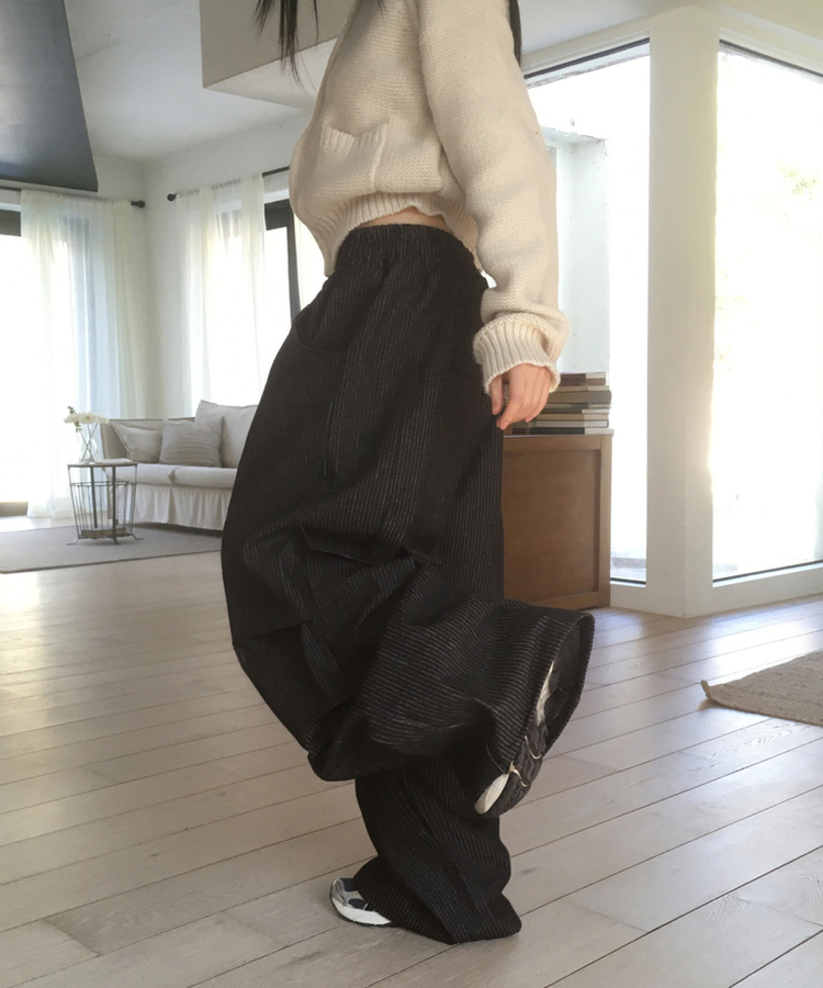 ストライプバルーンデニムパンツ BLACK DENIM