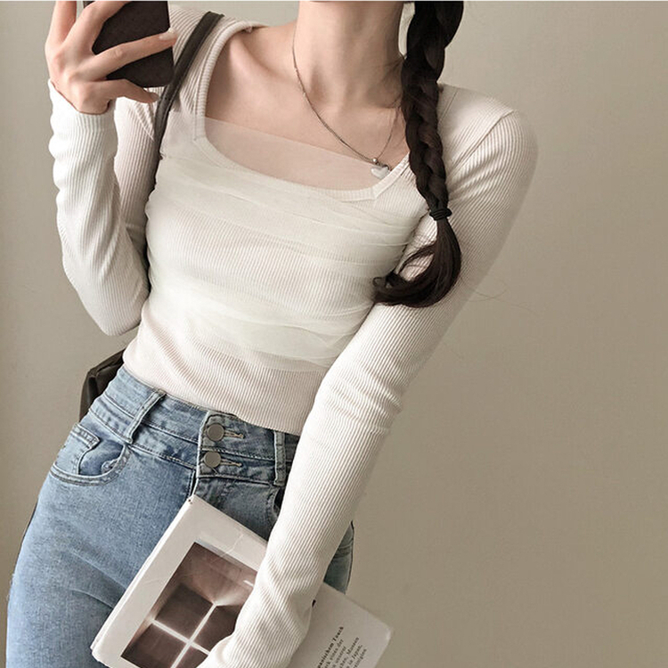 シフォンレースポイントスクエア長袖Tシャツ BEIGE