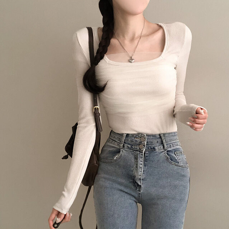 シフォンレースポイントスクエア長袖Tシャツ BEIGE