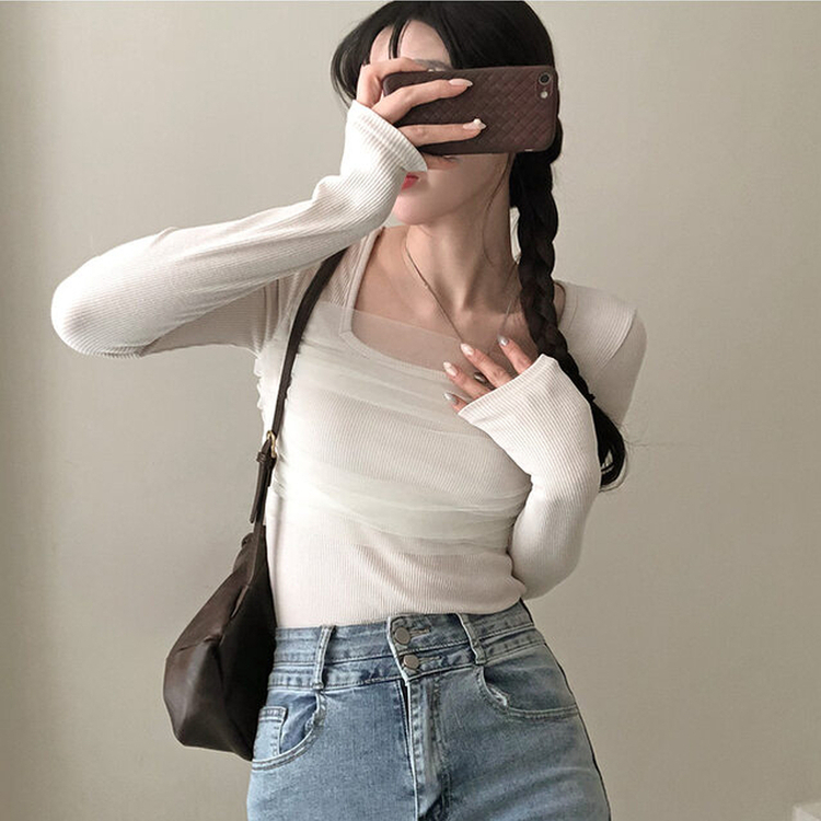 シフォンレースポイントスクエア長袖Tシャツ BEIGE