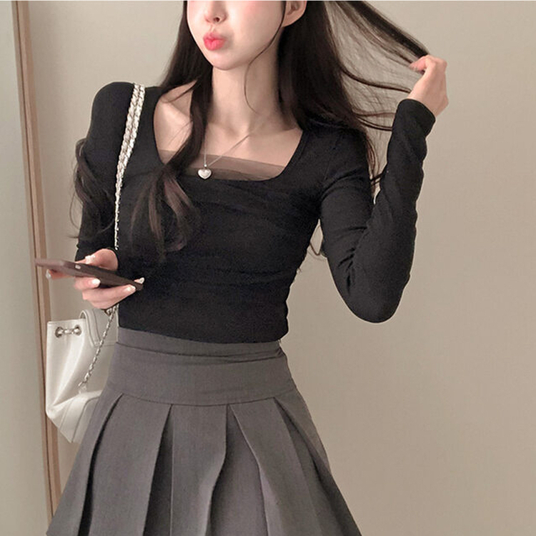 シフォンレースポイントスクエア長袖Tシャツ BLACK